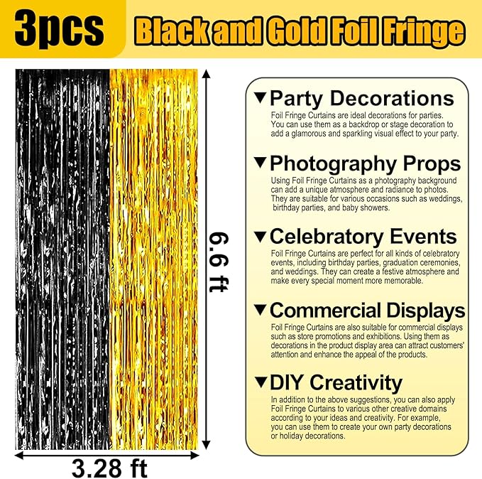 3 Pack Black Gold Foil Fringe Curtain Backdrop, 3.28Ft x 6.6Ft Metallic Tinsel Foil Fringe Streamer Curtains for Photo Booth, Christmas Day, Thanksgiving, Wedding, New Year Party Decorations