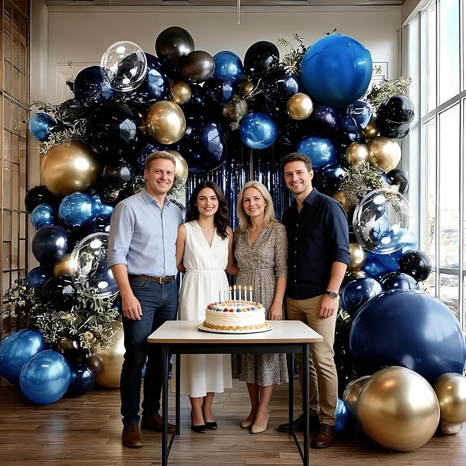 Navy Blue Black Balloon Arch Double Stuffed Dark Royal Blue Black Gold Balloon Garland Kit Banner Fringe Curtain Foil Balloons for Birthday Graduation Wedding Anniversary Space Baby Shower Decor