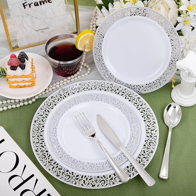 WELLIFE 175Pcs Silver Dinnerware Sets, Include:25 Dinner Plates, 25 Dessert Plates, 25 Paper Napkins, 25 Cups, 75 Silver Silverware Set for Party and Weddings