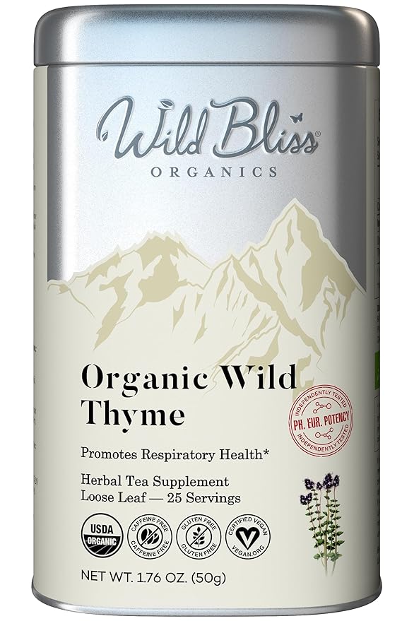 Wild Bliss Organic Wild Breckland Thyme Tea - Caffeine Free Loose Leaf Herbal Tea - Resipratory and Digestion Support - 1.76 Oz - 25 Servings