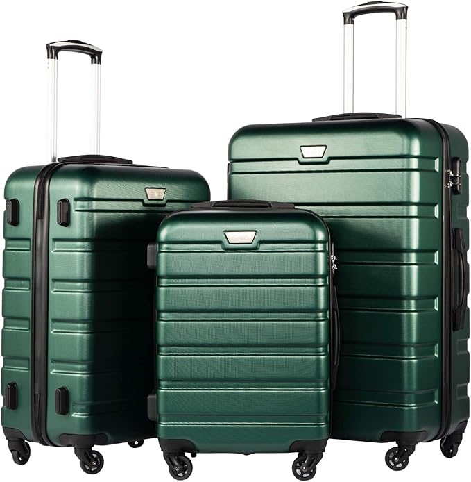 Coolife Luggage 3 Piece Set, Lightweight Durable Hardshell Suitcase set with 360° Spinner Wheels, TSA-approved Lock, Checked Family Travel Luggage sets, 20/24/28 Inch, Dark Green