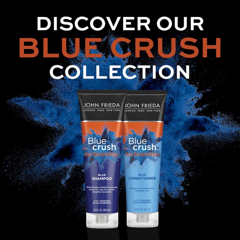 John Frieda Blue Crush Shampoo and Conditioner Set for Brunettes, Nourishes Color-Treated and Natural Hair, Blue Pigments for Vibrant, Cool-Toned Brunette Hair, 8.3 Oz, Pack of 2