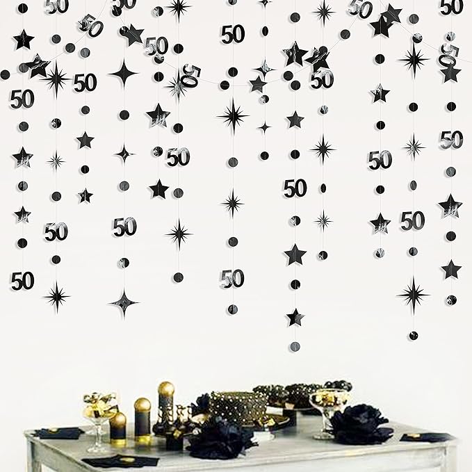 Black 50th Birthday Decorations Number 50 Circle Dot Twinkle Star Garland Metallic Hanging Streamer Bunting Banner Backdrop for 50 Year Old Birthday Happy 50th Anniversary Fiftieth Party Supplies