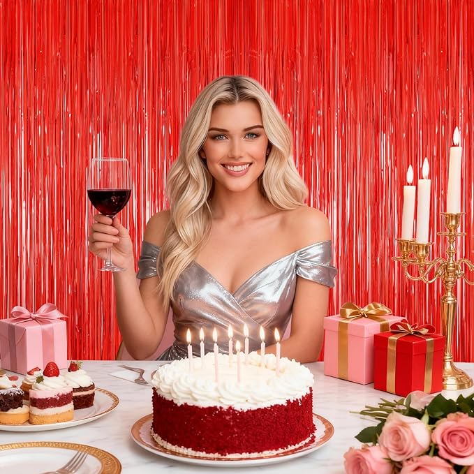 2Pack Red Foil Fringe Curtain, Red Tinsel Party Streamer Backdrop Curtains Wedding Photo Backdrop Party Decorations Door Streamers for Birthday Bridal Shower Bachelorette Xmas Anniversary Decorations