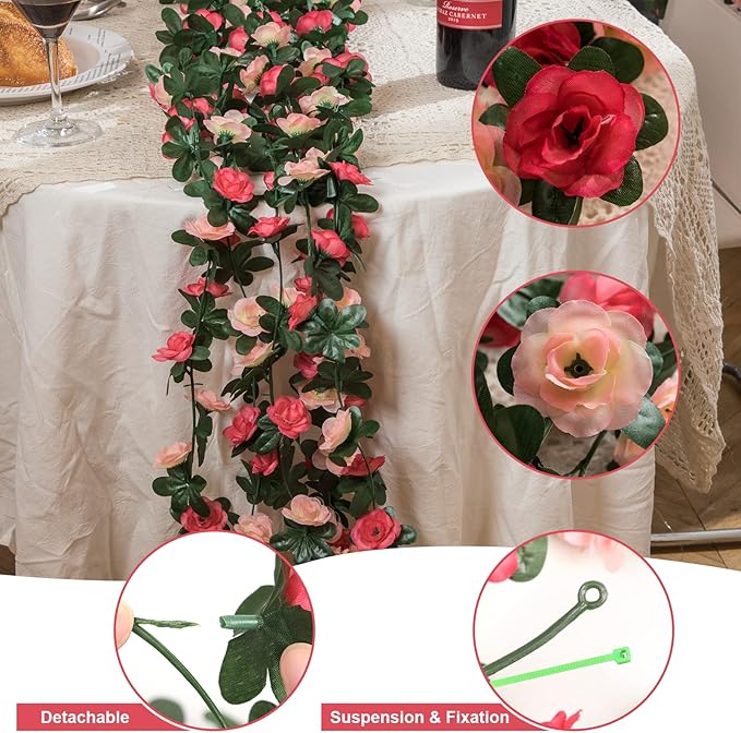 MARTINE MALL Flower Garland Rose Vines, 12 Strands 99Ft Flowers Vines for Bedroom, Rose Flower Garland Decoration, Rose Floral Garland for Room Table Birthday Wedding Party Garden Wall Decor
