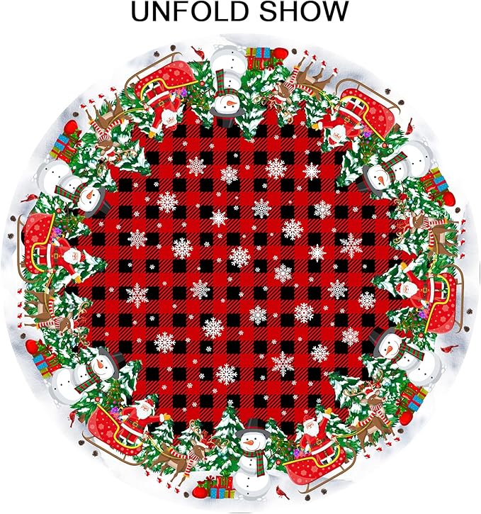 Christmas Round Tablecloth 70 Inch Xmas Snowman and Snowflake Pattern Circle Table Cloth Red Plaid Table Cover Winter Washable Polyester Decor for Home Kitchen Dinning Party
