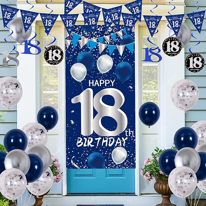 18th Birthday Decorations for Boys Girls, Blue Silver Happy 18th Birthday Decorations Set with 18th Birthday Backdrop Banner Tablecloth Balloons Triangle Flag, 18 Year Old Men Party Decor Supplies