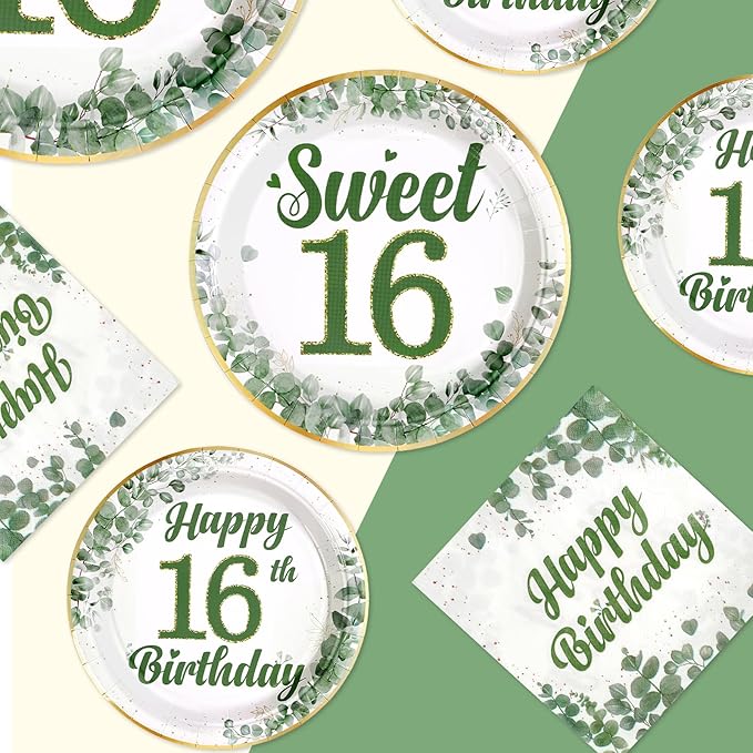 250 Pcs Sweet 16 Party Decorations Sage Green 16th Birthday Tableware Set Include Plates Napkins Cups for Kids Sixteen Years Old Birthday Supplies Serves 50