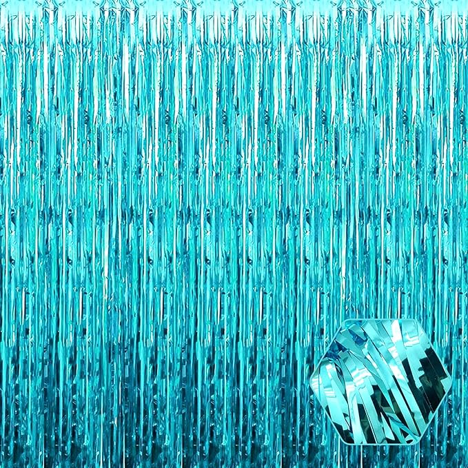 3 Pack Lake Blue Foil Fringe Curtain Backdrop, 3.28Ft x 6.6Ft Metallic Tinsel Foil Fringe Streamer Curtains for Photo Booth, Christmas Day, Thanksgiving, Wedding, New Year Party Decorations