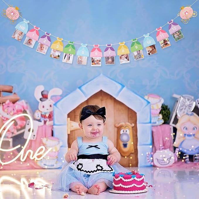 Princess 12 Month Photo Banner - Princess Birthday Party Decorations,Gril First/1st Party Bunting,Photo Prop Banner (Princess-2)