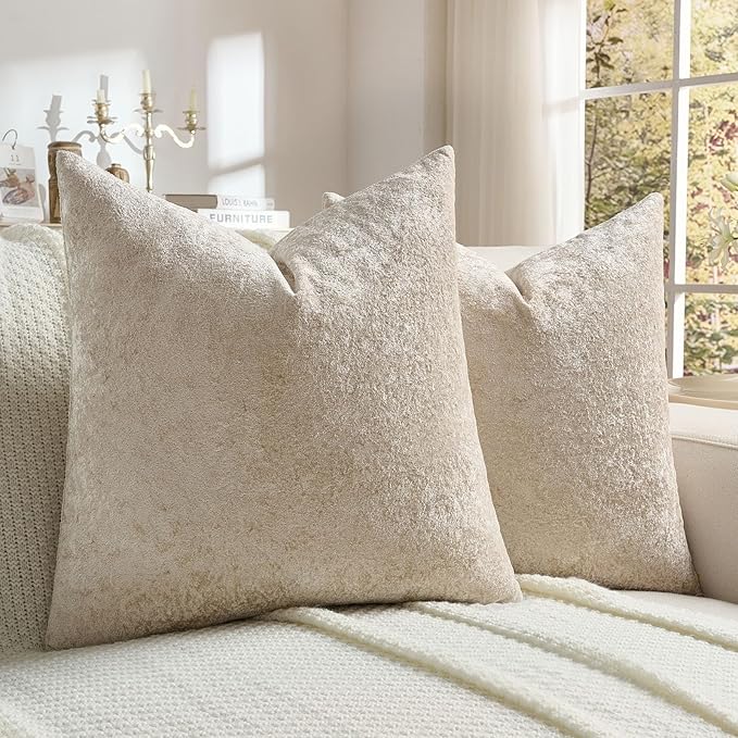 FUTEI Beige Flannel Throw Pillow Covers 24x24 Inch Set of 2,Soft Dimensional Textured European Cushion Cases,Modern Home Decor for Couch Living Room