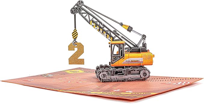 Liif Crane Truck Happy 2nd Birthday Card,3D Greeting Pop Up Card For Age 2,Two Years Old,For Kids, Boy, Nephew, Grandson, Toddler,With Message Note & Envelop,Size 7x5 Inch