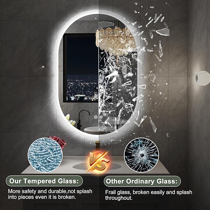 S'bagno 24x36 Inch Oval LED Mirror for Bathroom with Front and Backlight, Anti-Fog, 3 Colors Temperature & Dimmable, Bathroom Mirror with Lights with Memory Function, Waterproof, Shatter-Proof