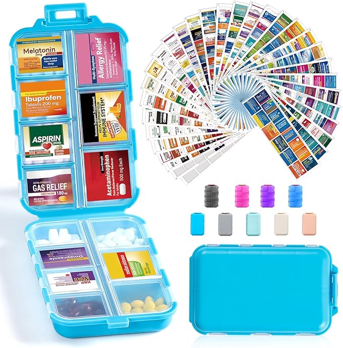 14 Grids Travel Pill Organizer Box with 415-Pcs Medicine Name Labels - Pocket Daily Pharmacy Case Container Kit - Travel Medication Holder Dispenser for Fish Oil Vitamin Supplement Storage - Blue