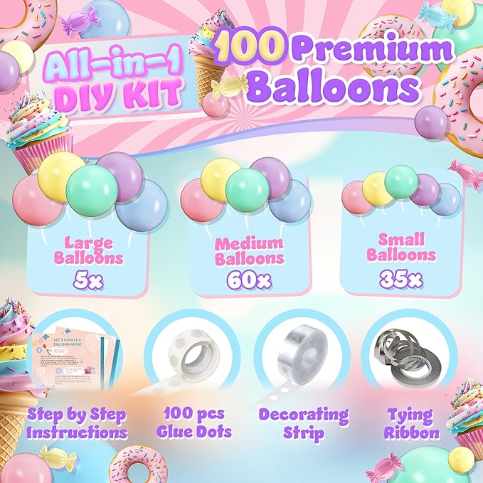 ALL-IN-1 Pastel Balloon Arch Kit for Pastel Party Decorations – Easter Spring Rainbow Party Balloons for Birthday, Baby Shower Decorations - Pastels Balloon Arch Kit with Mixed Sizes Rainbow Balloons