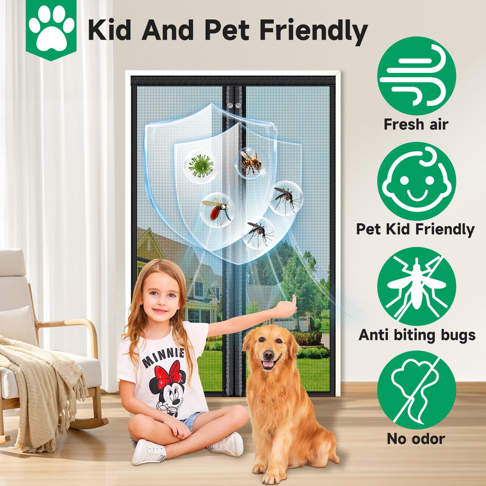 HOFUDON Upgraded Magnetic Screen Door Mesh, Full Strip Magnets, Heavy Duty Fiberglass Mesh, Door Screen Magnetic Closure for Single Door Size 32 x 80 Inch, Screen Door Size 35 x 82 Inch Black