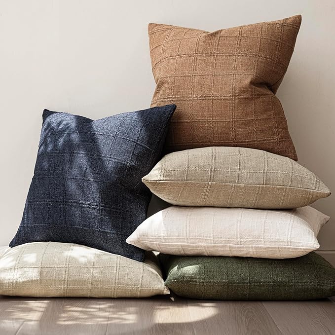 Foindtower Set of 2 Decorative Linen Check Throw Pillow Covers Neutral Farmhouse Vintage Cushion Covers Modern Boho Home Decor for Sofa Chair Couch Bedroom Living Room,16×16 Inch,Navy Blue