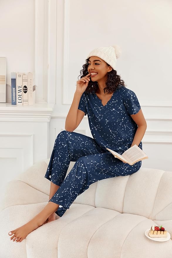 Ekouaer 2 Piece Womens Pajamas V Neck Short Sleeve Top and Long Pants Pjs Print Lounge Set Sleepwear