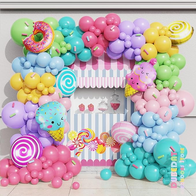 Pastel Donut Balloon Garland Kit,151Pcs Pink Purple Yellow Blue Candy Donut Balloons for Two Sweet One Summer Sprinkle Birthday Party Decorations