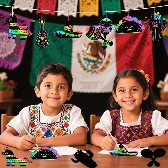 JULMELON 36 PCS Mexican Crafts for Kids, Rainbow Scratch Art for Kids Mexican Fiesta Gifts DIY Magic Color Fiesta Scratch Cards for Mexican Fiesta Party Favors Cinco De Mayo Party Decorations