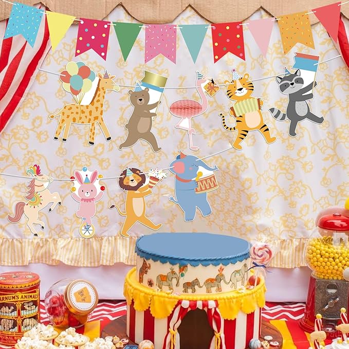 Hooqict Animal Party Banner with Colorful Pennant Banner Flag Animal Parade Birthday Decorations Happy Birthday Garland for Kids Girls Boys Zoo Carnival Circus Party Decorations Supplies