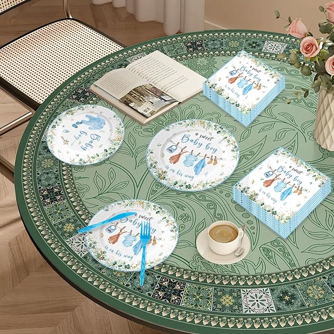 140pcs Boy Baby Shower Decorations Plates Shower Party Tableware with Plates, Napkin, Forks, Cups for Birthday Party Supplies Set Serves 20 Guests (Blue)