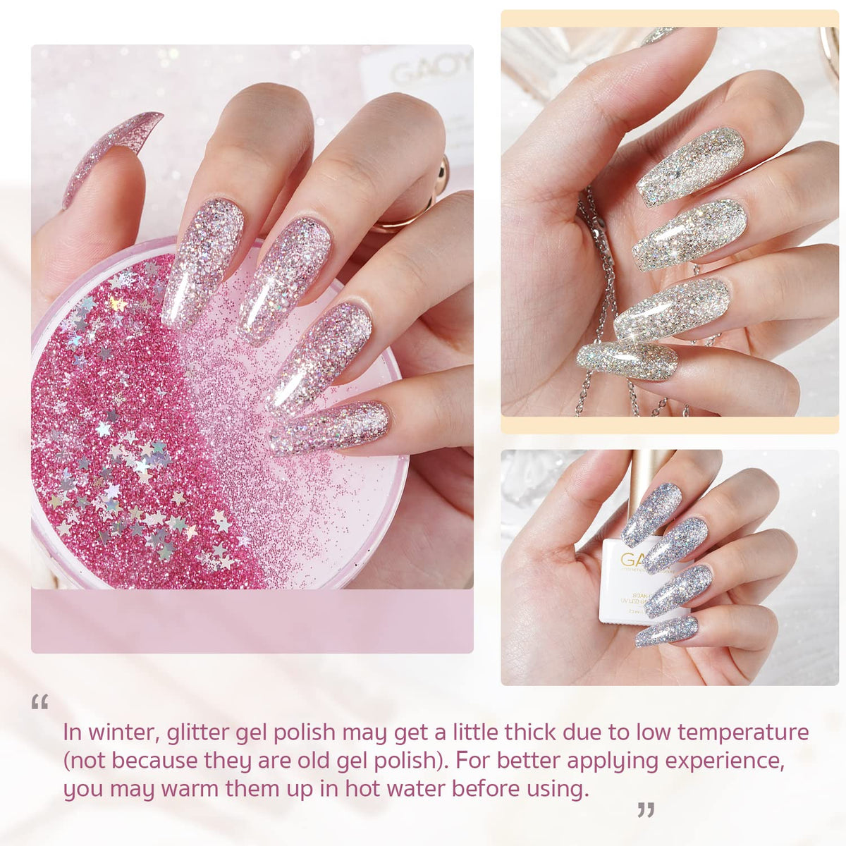 GAOY Chrome Platinum Glitter Nail Polish Set, 6 Colors Including Sparkly Shiny UV LED Soak Off Black Silver Pink Gel Polish Kit Home DIY Manicure Nail Salon Varnish