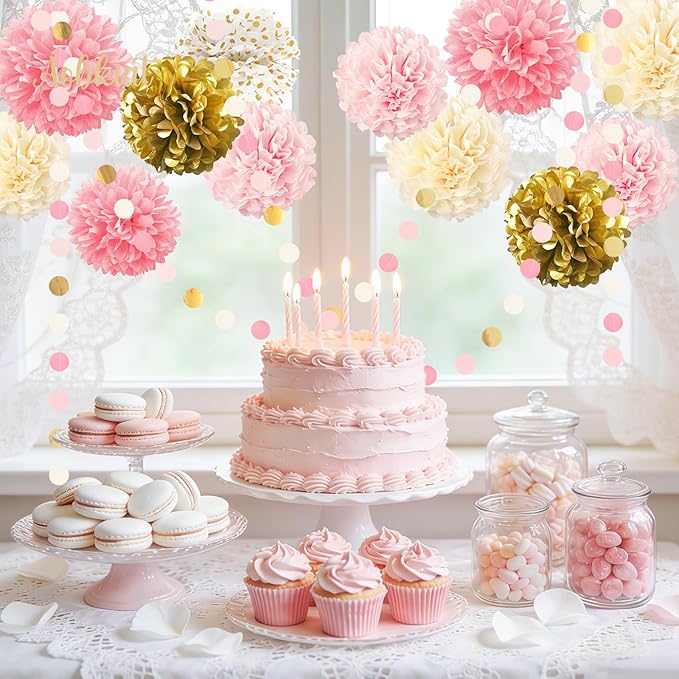 AOBKIAT Wedding Baby Shower Decorations Set,15PCS Pink Gold Tissue Paper Pom Poms,Circle Dots Colorful Paper Garland String Hanging Backdrop for Birthday Party,Gender Reveal Celebration Decor