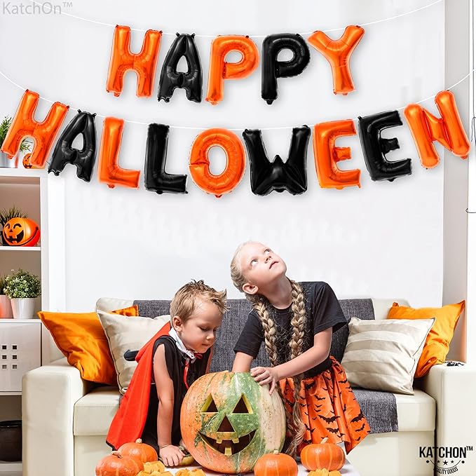 KatchOn, Happy Halloween Banner Balloons – 16 Inch, Pack of 14 | Orange and Black Foil Letters | Spooky Balloon Banner, Halloween Decor, Haunted House Decorations | Spooky One Birthday Decorations