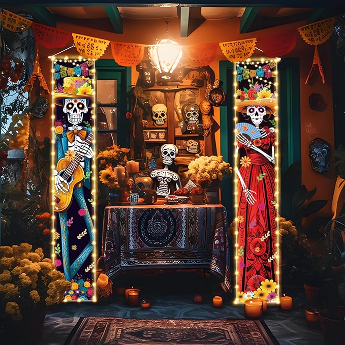 Halloween Decorations Dia De Los Muertos Lighted Porch Sign Banners Halloween Decor Mexico Day of The Dead Porch Signs Banner Indoor Outdoor Wall Door Party Decor Decoration Ornaments