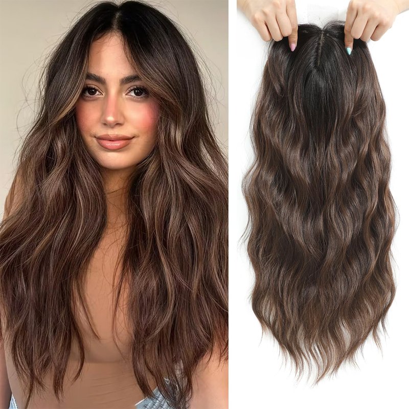 PANEWAY Hair Topper 20 Inch Synthetic Wavy Clip-In Topper for Daily Wear, Instant Volume & Length, Breathable for All-Day Comfort, Perfect for Thinning Hair (Brunette Brown Balayge with Dark Root)