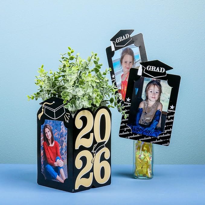 Black Graduation Party Decorations, Photo Display Centerpiece Kit - 15 Double-Sided Photo Table Topper Sticks, Vertical and Horizontal 4x6 Picture Holders - Graduation Cheers