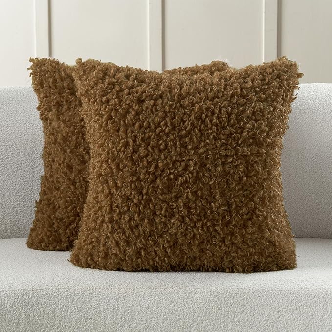FUTEI Brown Decorative Throw Pillow Covers 20x20 Inch Set of 2,Soft Fluffy Faux Wool Fur Boucle Textured Cushion Case,Modern Home Decor for Couch Bed Living Room Office
