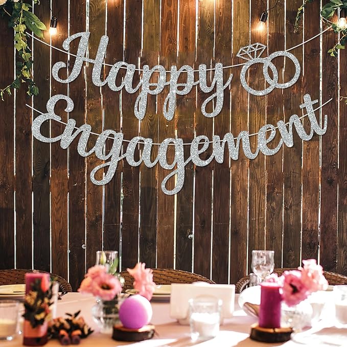 BEISHIDA Glitter Happy Engagement Banner-No DIY, Engagement Party Decorations,Bridal Garland Sign Wedding Party Supplies （Silver）