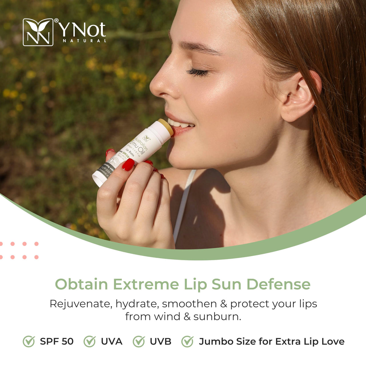 Emu Oil Moisturizing Lip Balm - Hydrating Lip Balm with Extreme SPF50+ Sun Protection - 4-Hour Water Resistant, Fortified with Vitamin E, Amino Acids & Omega 3, 6 & 9 - Y-Not Natural, 15g Stick