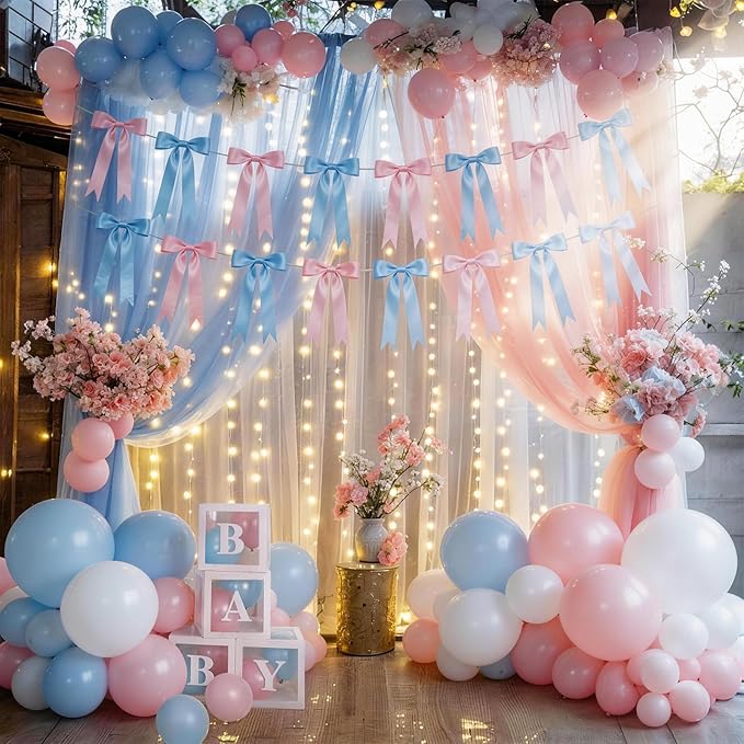 2 Strings Baby Pink & Blue Bow Garland Banner Decorations, 16Pcs Pre-Strung Satin Ribbon with 6.7ft Chain for Pink Blue Ribbon Bow Banner Coquette Room Birthday Baby Shower Gender Reveal Party Decor