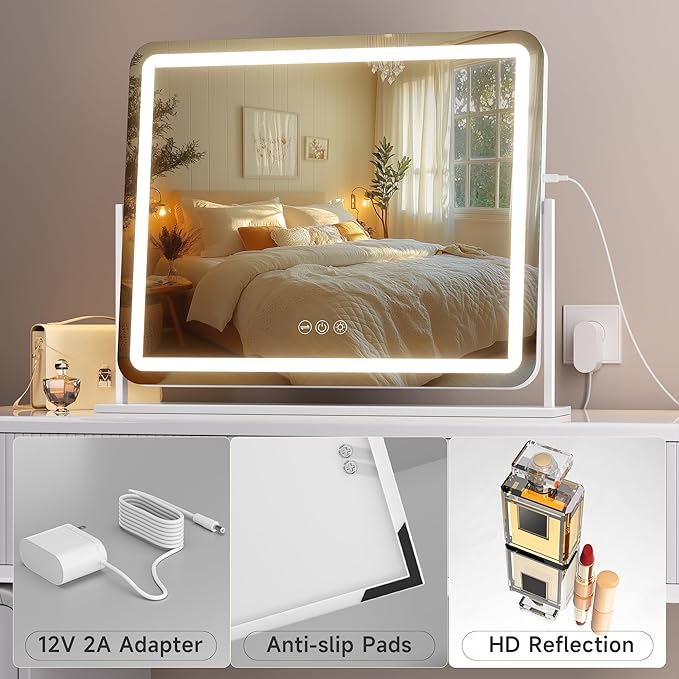 Hasipu Vanity Mirror with Lights, 22" x 18" LED Makeup Mirror, Light up Mirror with Smart Touch 3 Colors Dimmable, Brightness Adjustment, 360° Rotation (White)