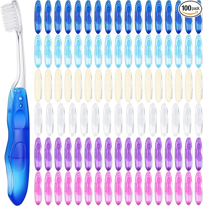 Nuogo 100 Pack Travel Folding Toothbrushes Bulk Portable Pocket Toothbrush Travel Accessories in 6 Colors for Kids Adult Camping Hiking