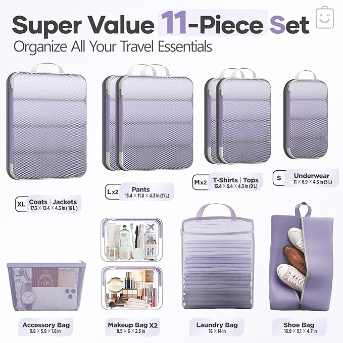 Veken 11 Set Compression Packing Cubes for Travel Essentials,Compressible Expandable Large Luggage Suitcase Organizer Bags for Clothing,Durable Space Saver Storage Bags with Toiletry Bags(Purple Gray)