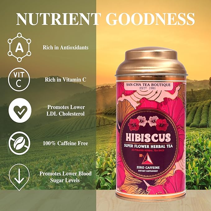 Sancha Tea Boutique, Hibiscus Tea, Caffeine Free Herbal Tisane, 25 Pyramid Bags, Real Hibiscus Flowers, Naturally Sweet & Tart, Perfect Hot or Iced
