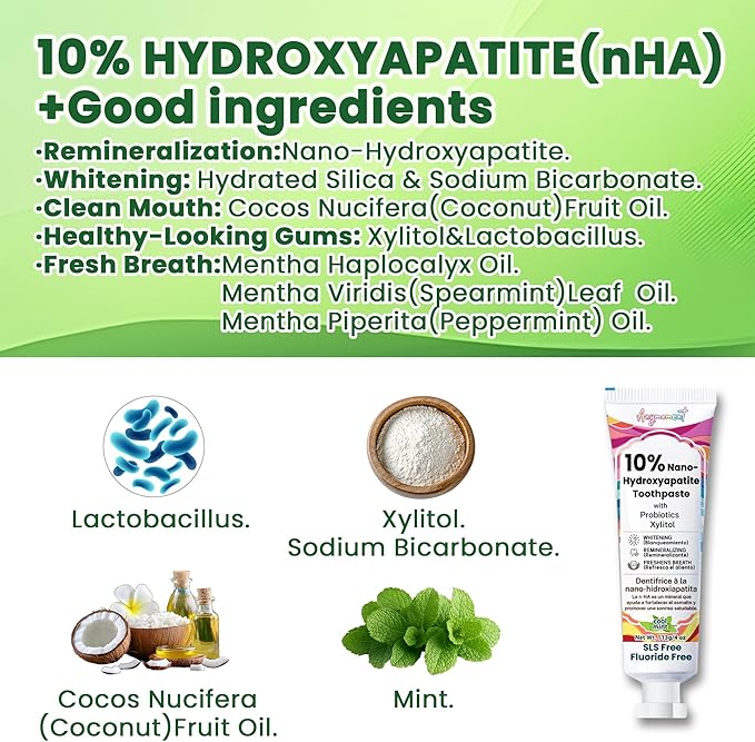 Anymoment 10% Nano Hydroxyapatite Toothpaste (Fluoride Free), Whitening*, Supports Enamel Care*, Appropriate for Sensitive Teeth*, SLS Free, Xylitol nHA Toothpaste for Adults, Mint 4oz