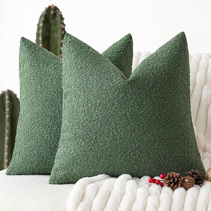 Foindtower Set of 2, Decorative Textured Boucle Throw Pillow Covers Accent Solid Pillow Cases Neutral Cozy Couch Cushion Case for Chair Sofa Bedroom Living Room Home Decor 24 x 24 Inch Hunter Green