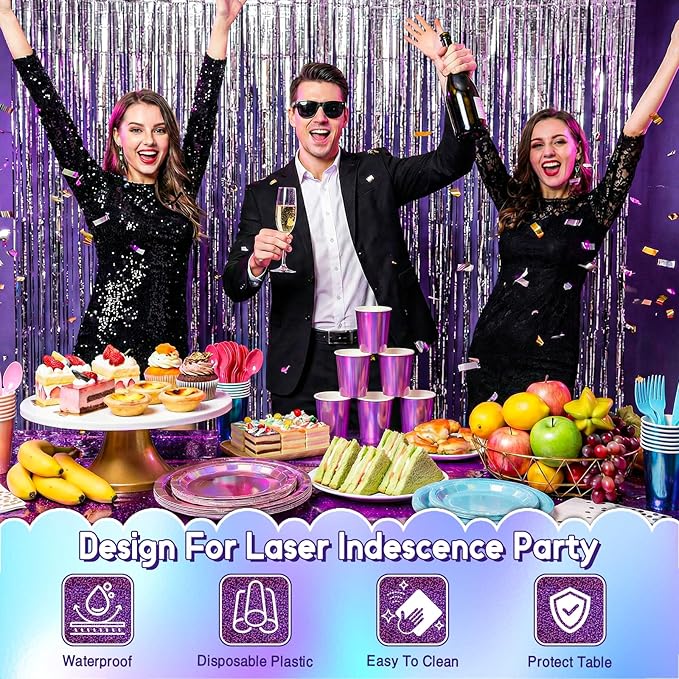 Iridescent Plates and Napkins Party Supplies Set for 25 Guests,Purple Disposable Tablecloth,Disco Style Plates for Birthday & Trendy Celebrations