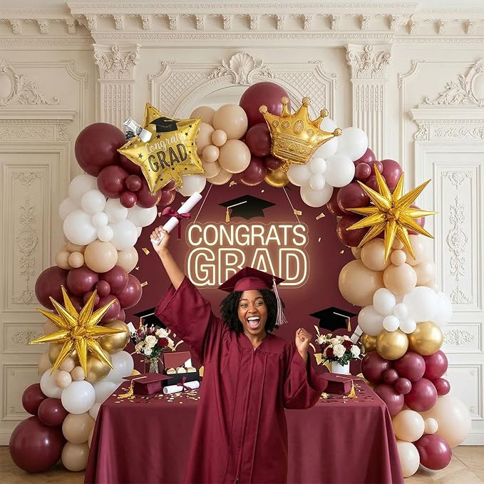 Burgundy White Gold Graduation Balloon Garland Arch Kit 126PCS with foil Star Crown graduation Cap balloons for School students graduate class of 2026 Prom Party decorations