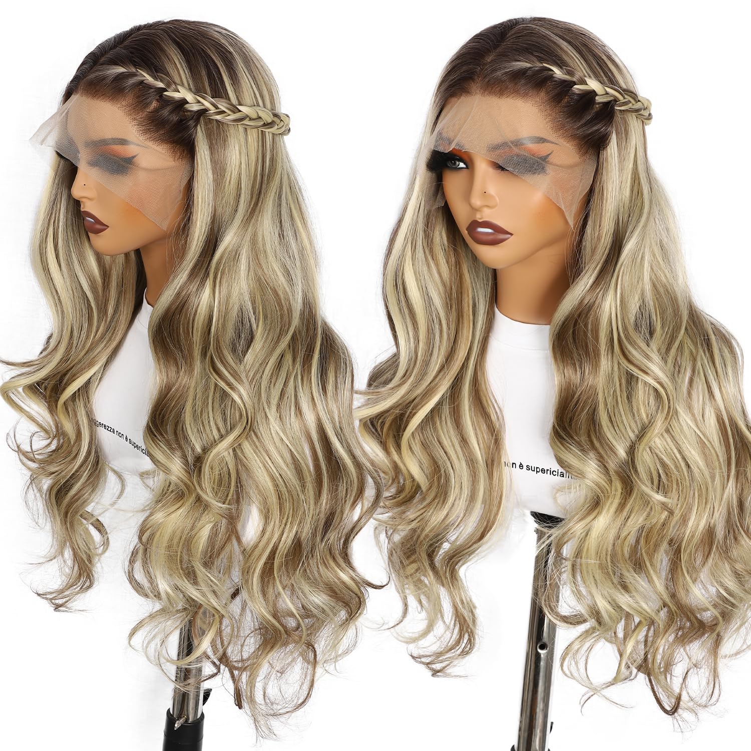 BABEHERS Blonde Lace Front Wig for Women 13x4 Body Wave Synthetic Wig Omber Pre-plucked Long Wavy 150% Density Natural Heat Resistant Hair Daily Use 26 Inch
