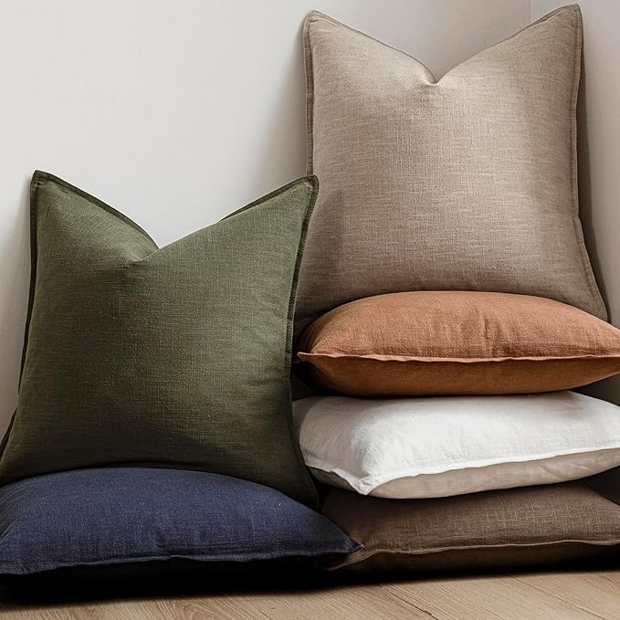 Foindtower Set of 2, Decorative Linen Soild Throw Pillow Covers Soft Accent Cushion Euro Case Boho Farmhouse Pillowcase for Chair Couch Sofa Bedroom Living Room Home Decor 16 x 16 Inch Natural Linen