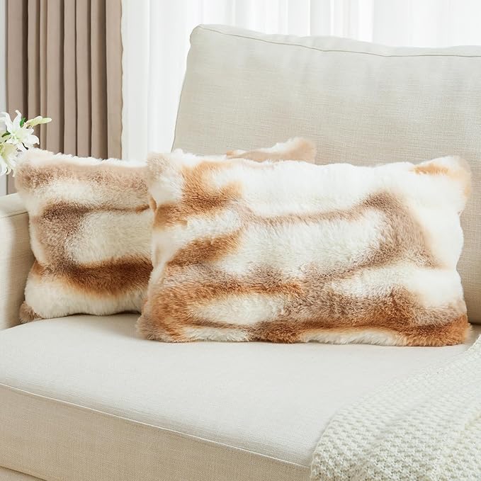 FUTEI Brown White Decorative Throw Pillow Covers 12x20 Inch Set of 2,Soft Fuzzy Faux Rabbit Fur Pillow Case with Raised Texture,Neutral Boho Home Decor for Couch Bed Living Room