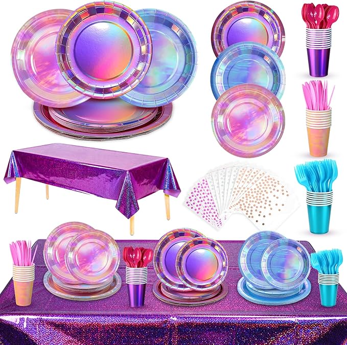 Iridescent Plates and Napkins Party Supplies Set for 25 Guests,Purple Disposable Tablecloth,Disco Style Plates for Birthday & Trendy Celebrations
