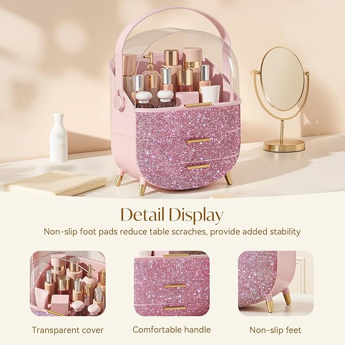 Bling Makeup Organizers for Teen Girl Gifts, Cosmetic Display Case with Clear Cover, Vanity Makeup Organizers for Lipstick Perfume Lotion and Skincare, Pink Diamond