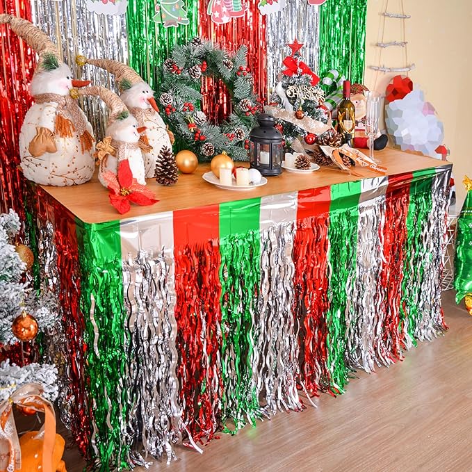 LOLStar Christmas Party Decorations, 4 Pack Red Silver and Green Wavy Metallic Tinsel Foil Fringe Table Skirt for Rectangle & Round Tables, Perfect Table Decorations for Christmas Ugly Sweater Party